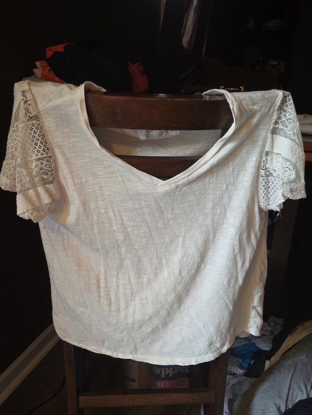 French Laundry White V-Neck Tee with Lace Flutter Sleeves